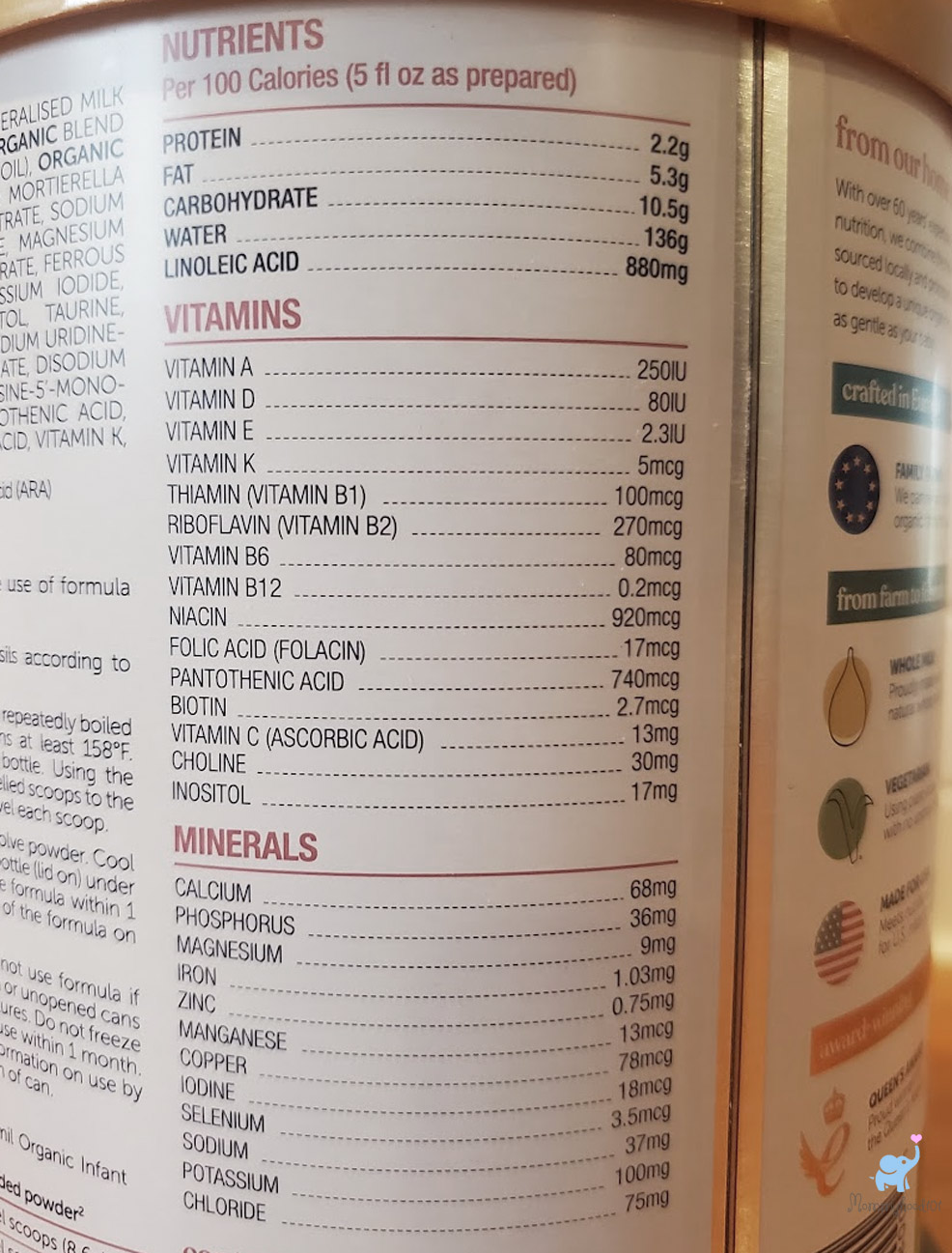 kendamil organic formula nutrition label