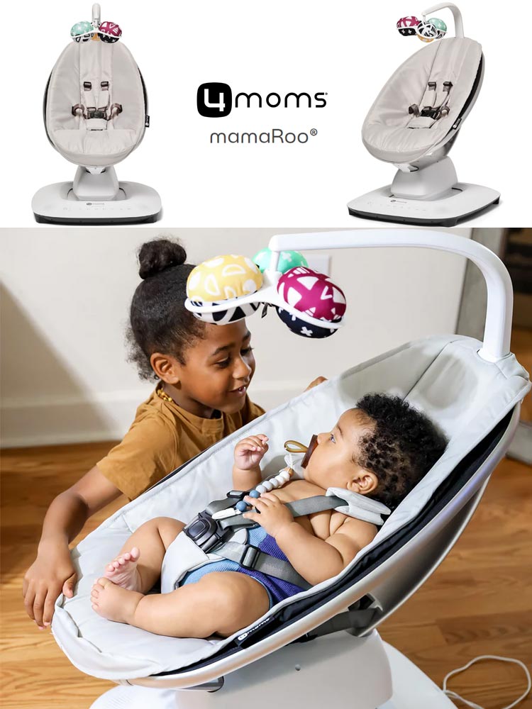 assorted views of the 4moms mamaroo swing and a child smiling at a baby sitting in the mamaroo