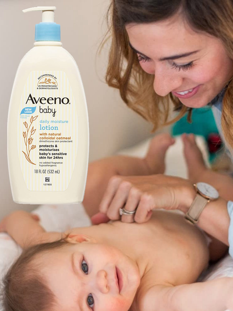a mom looking at a smiling baby alongside a pump bottle of aveeno baby daily moisture