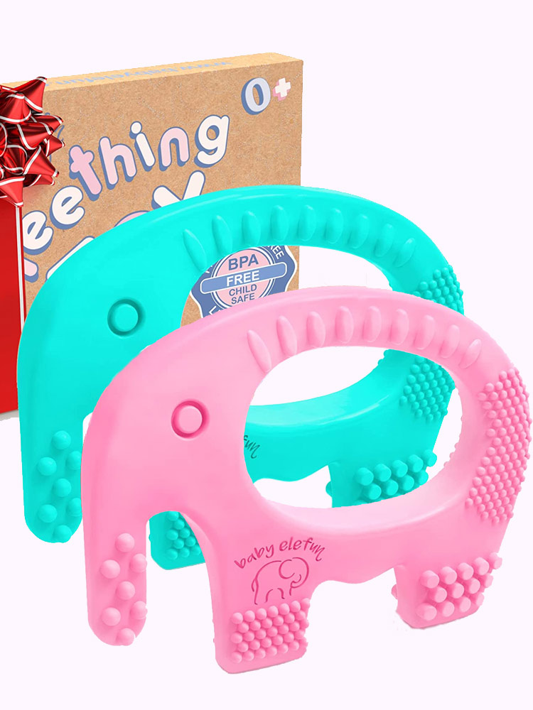 assorted colors of the elefun elephant teether ring