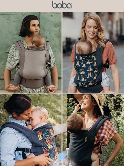 assorted images of a woman carrying a baby in a boba 4gs carrier