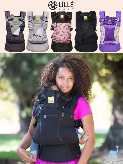 a woman carrying a baby in a lillebaby complete all season baby carrier along with multiple color and pattern options