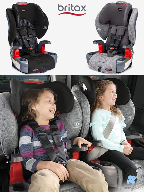 assorted colors of the britax grow with you booster seat and two young girls sitting in booster seats