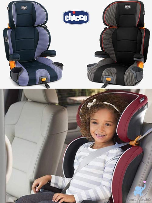 assorted colors of the chicco kidfit booster seat and a young girl sitting in the kidfit