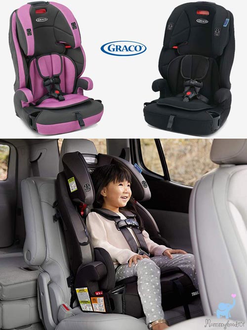 assorted colors of the graco tranzitions booster seat and a young girl sitting in the tranzitions booster in harness mode