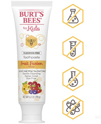a tube of burts bees kids toothpaste and list of features