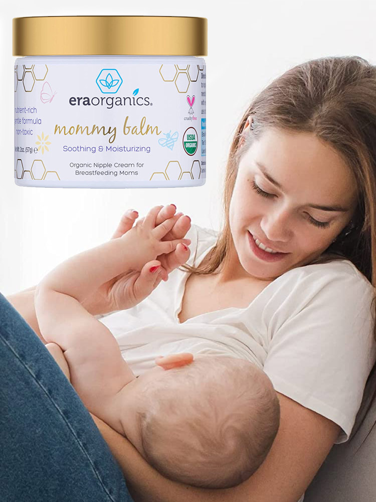 a breastfeeding mom and era organics mommy balm nipple cream