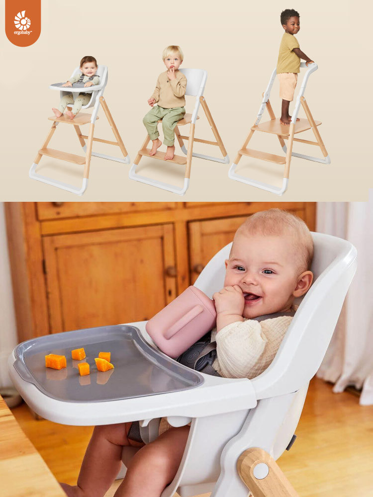 assorted configurations of the ergobaby evolve high chair and a baby eating food