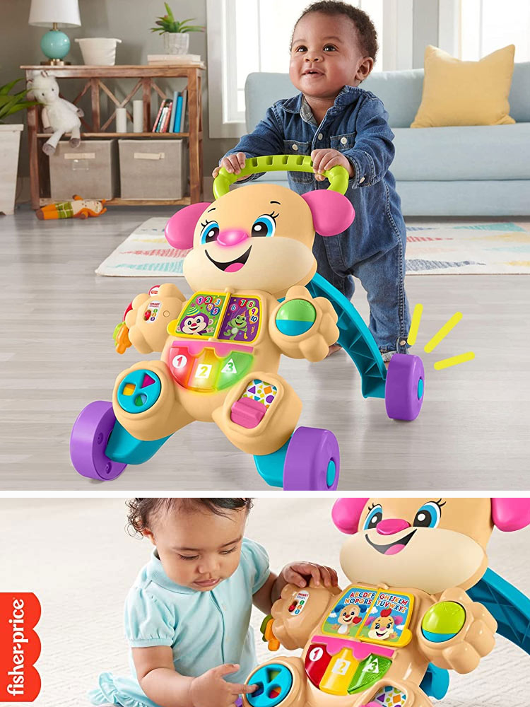 assorted photos of the fisher price laugh and learn baby walker including a baby boy pushing one and a baby girl playing with its toys