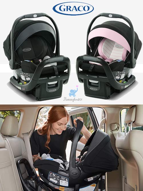 graco snugride snugfit 35 DLX car seat in two colors and a mother installing the car seat in a vehicle