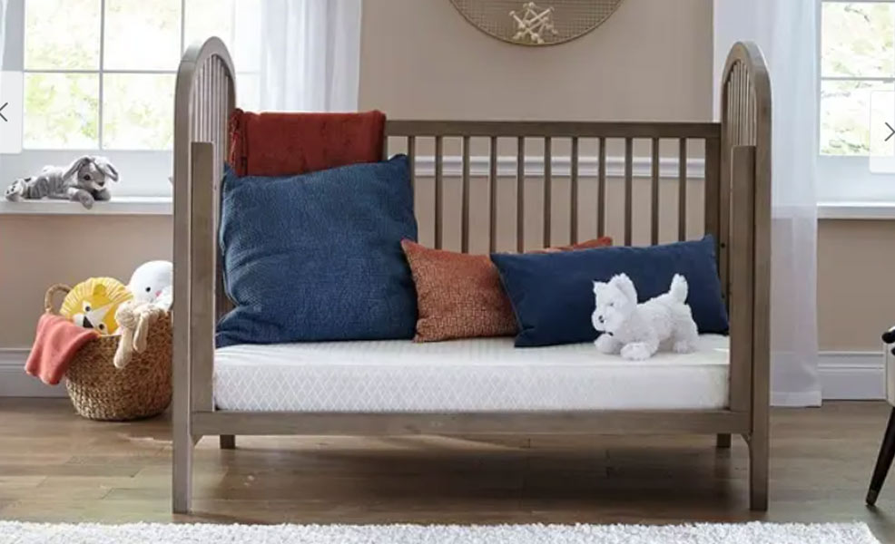 the sealy soybean core crib mattress in a crib positioned in a nursery