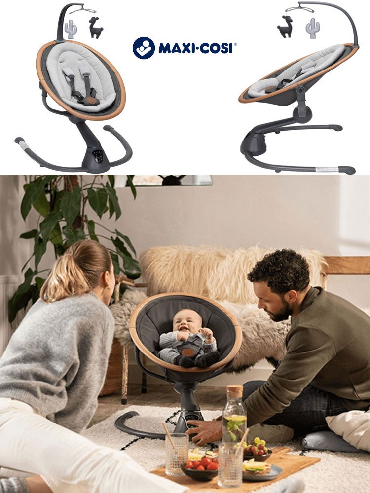 two viewing angles of the maxi-cosi cassia swing and parents in a living room looking at a smiling baby in the swing
