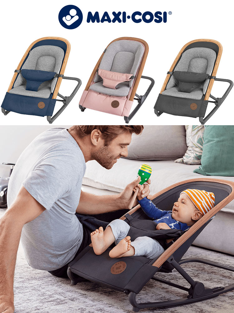 the maxi-cosi kori in assorted colors and a dad playing with a baby sitting in a bouncer