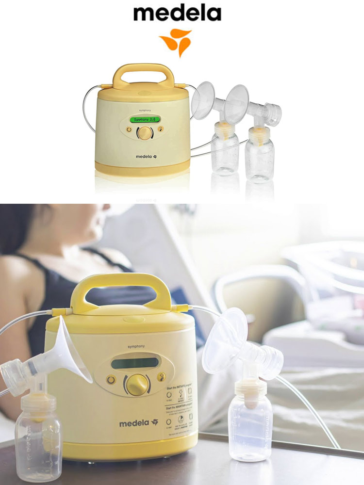 a woman using the medela symphony breast pump while looking at her newborn baby