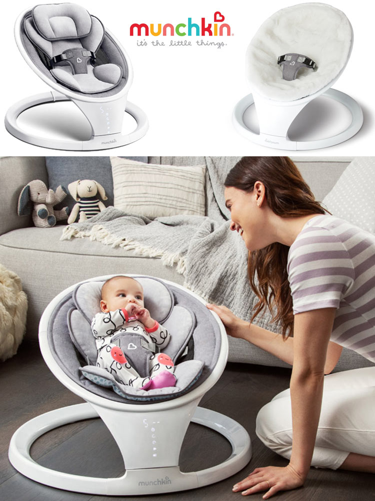 assorted styles of the munchkin sway baby swing and a mother looking at a happy baby in the swing