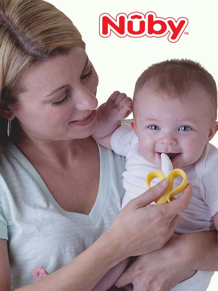 mom helping baby brush teeth with the yellow nuby nubs banana training toothbrush