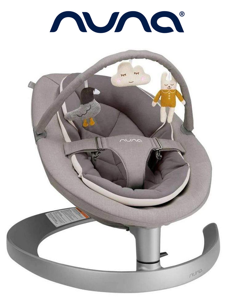 the nuna leaf grow bouncer in grey color with a mobile overhead