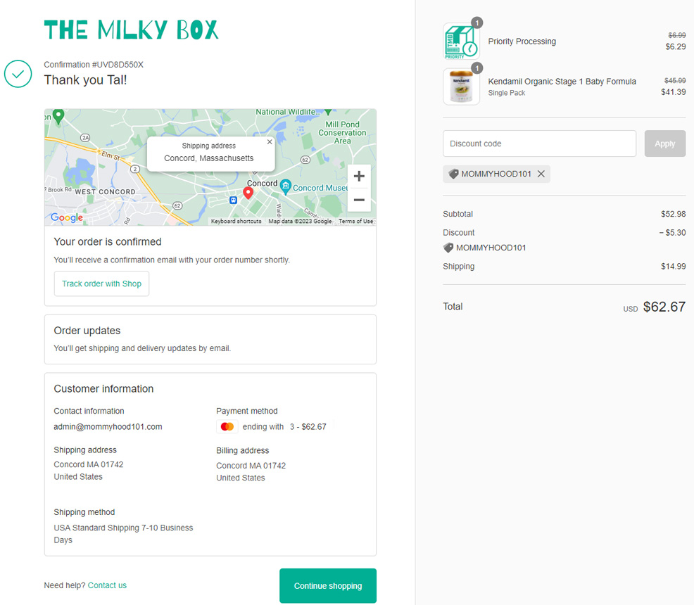 placing an order at the milky box website
