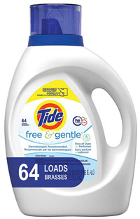 a bottle of tide free and gentle laundry detergent