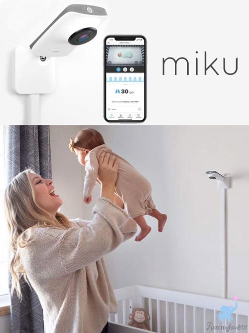 miku smart baby monitor above a crib with a parent lifting a baby and smiling