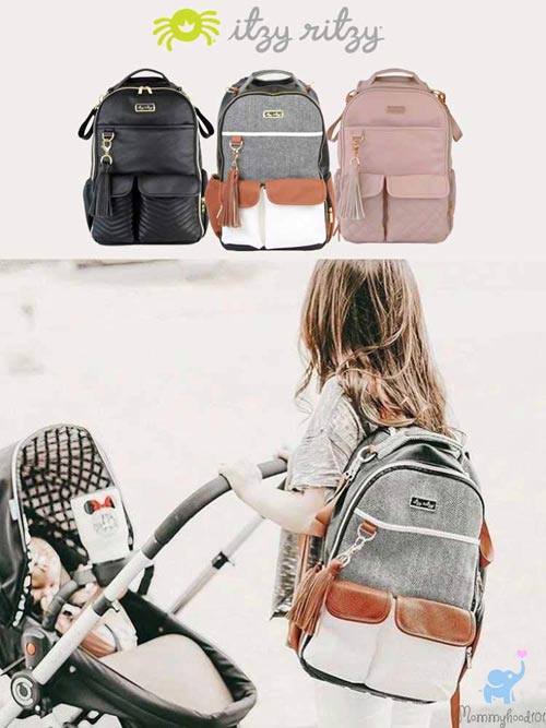 assortment of itzy ritzy boss diaper bags in different colors and a woman wearing the backpack pushing a stroller