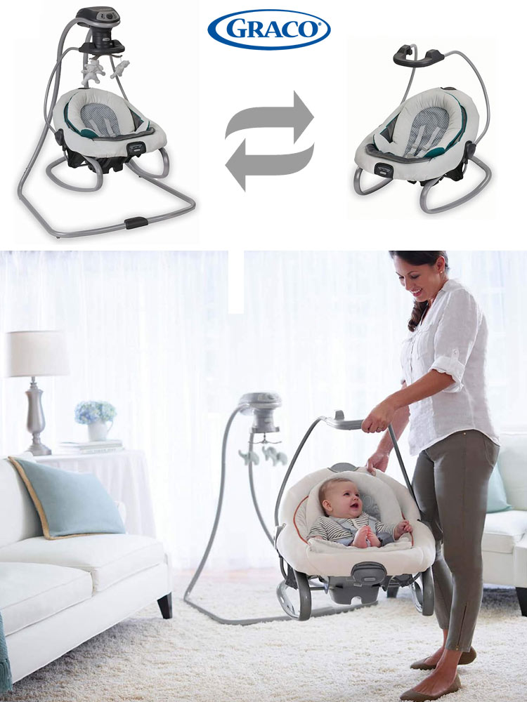 the duetsoothe swing plus rocker in both modes and a mom carrying a baby in the rocker