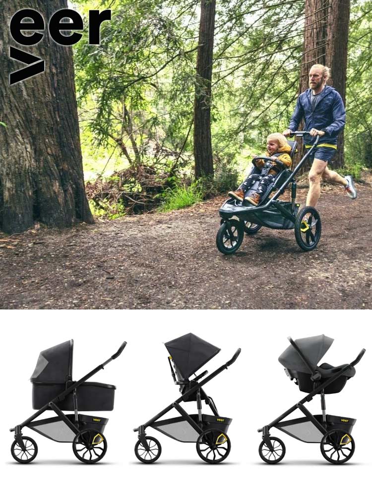 a man jogging on a trail in the forest while pushing a child in a veer switchback and roll stroller and assorted configurations of the stroller
