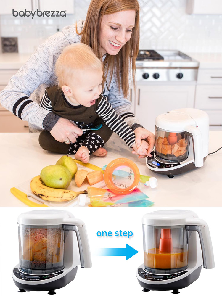 a mother and baby in the kitchen preparing purees with the brezza deluxe baby food maker