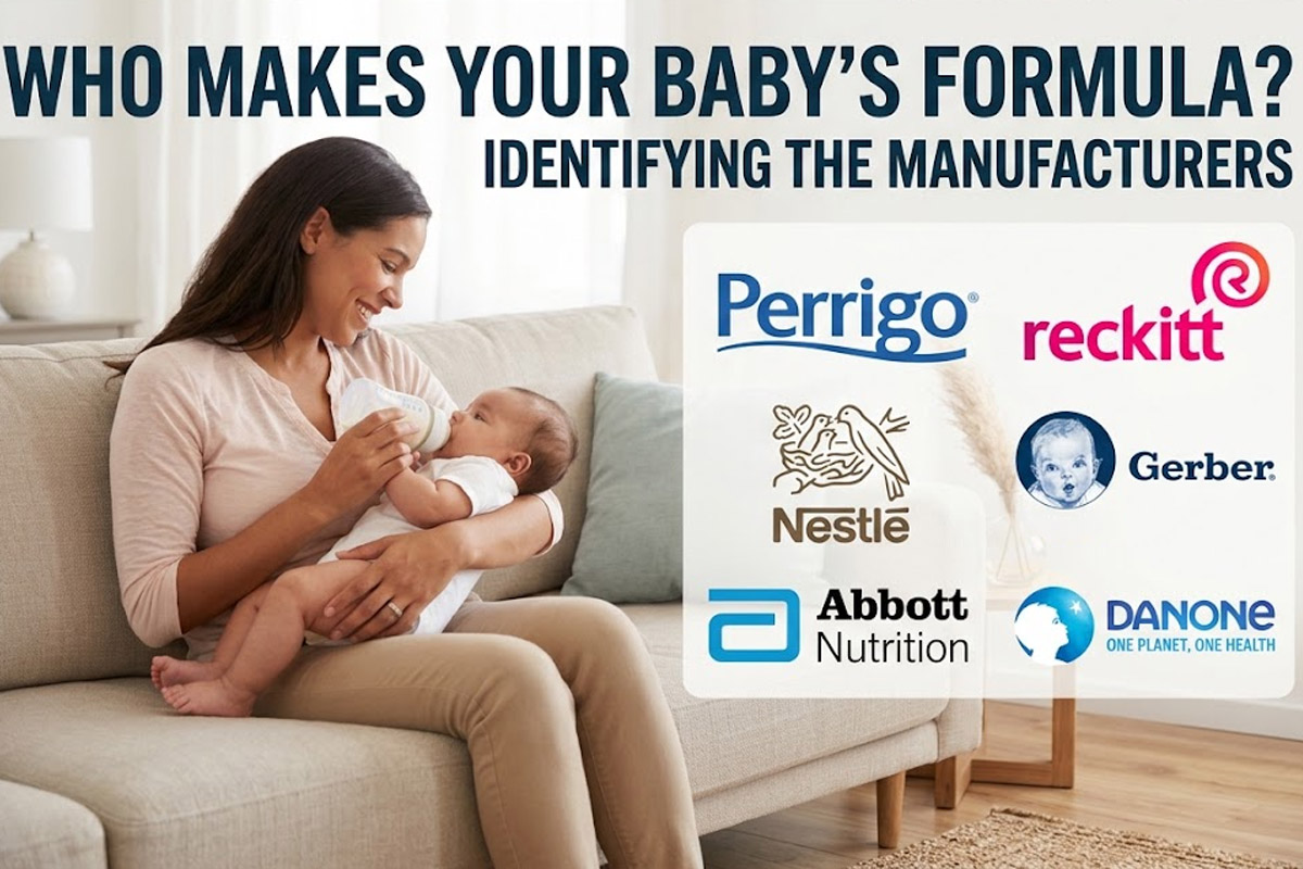 baby formula manufacturer logos and a mom bottle feeding a baby