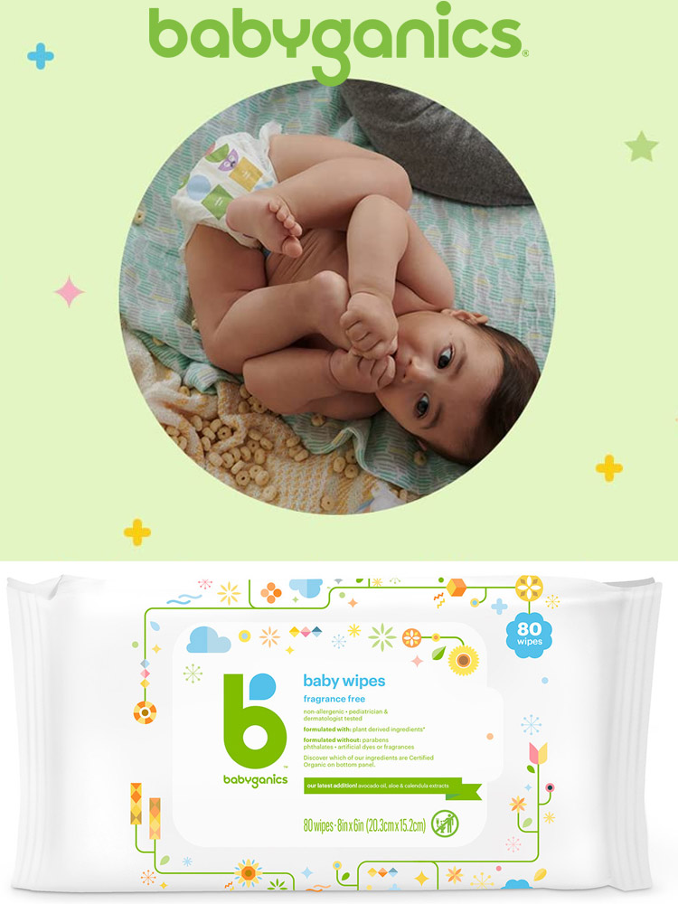 a baby wearing a diaper laying down and a package of babyganics baby wipes