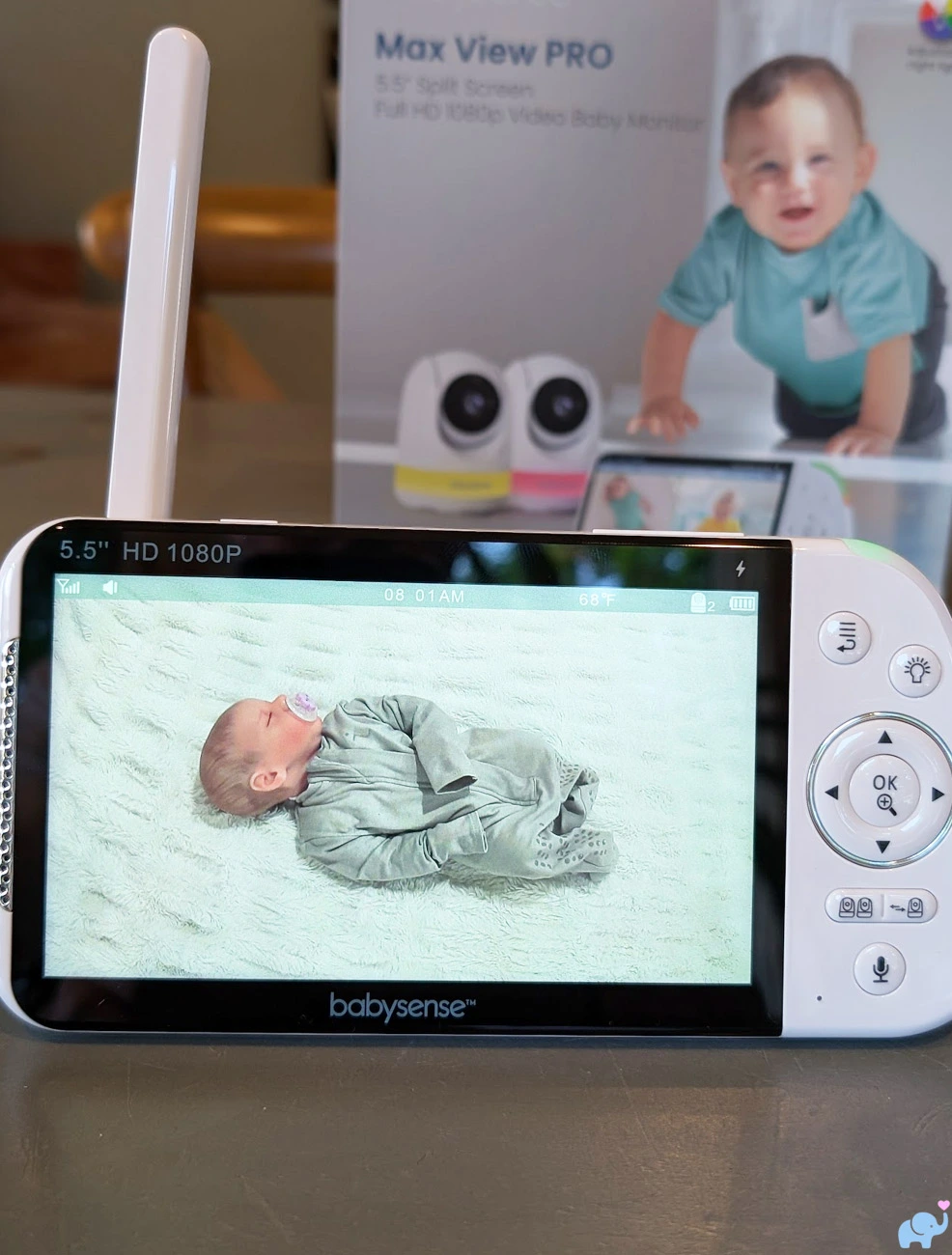 Daytime video of a baby displayed on the Babysense MaxView Pro parent monitor