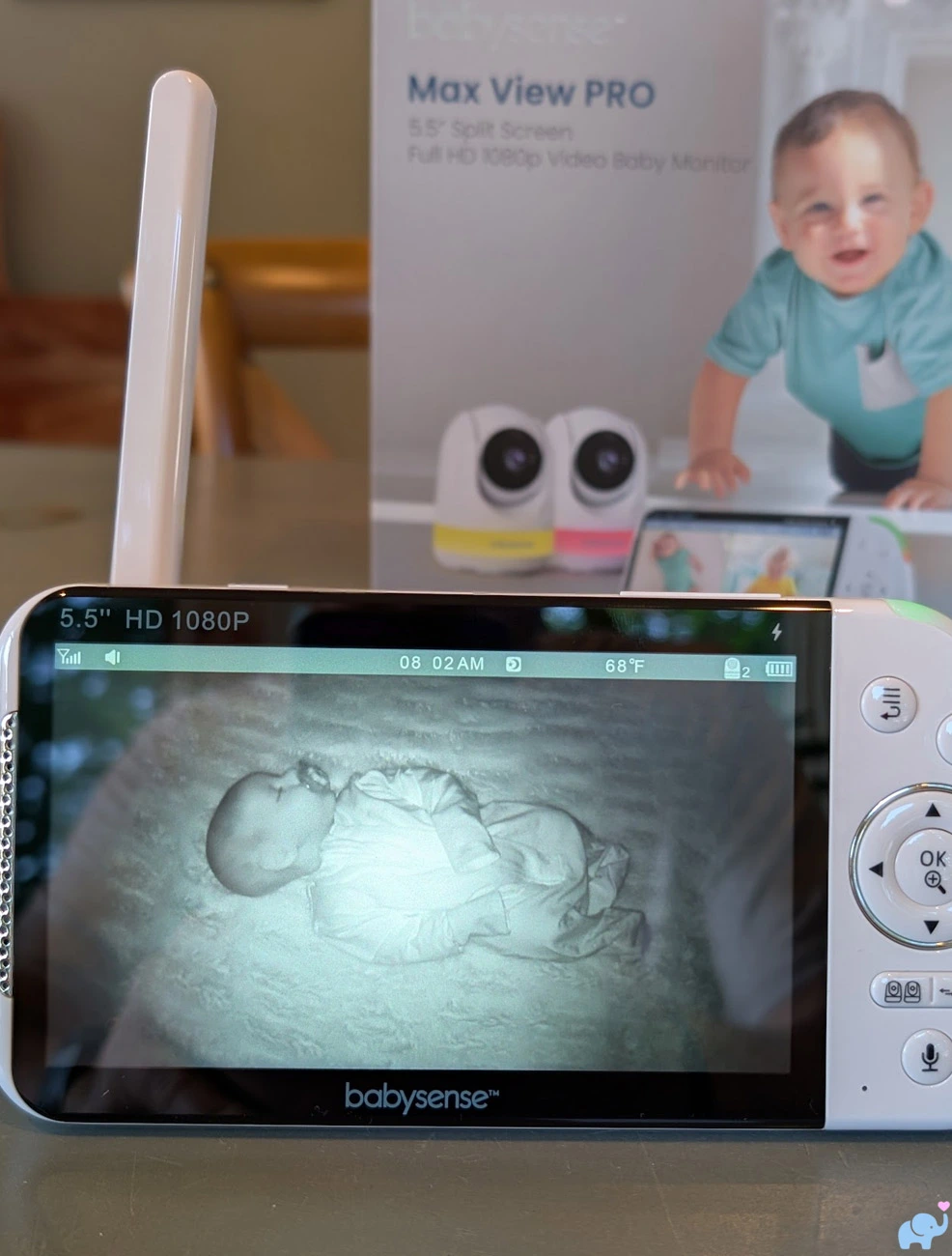 Infrared night-vision image of a baby on the Babysense MaxView Pro display