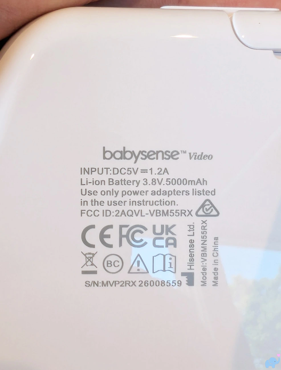 Rear identification label on the Babysense MaxView Pro parent unit showing model and battery information
