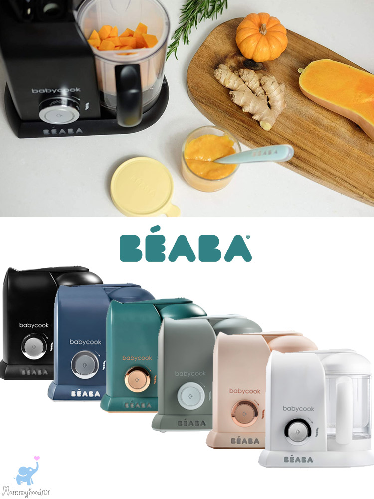 assorted colors of the beaba baby cook baby food maker and a prepared puree