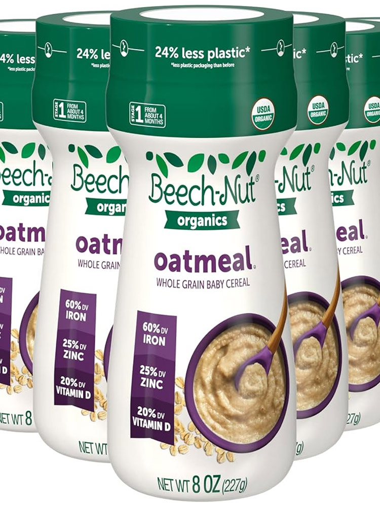 assorted canisters of beech-nut organic baby cereal in the oatmeal variety