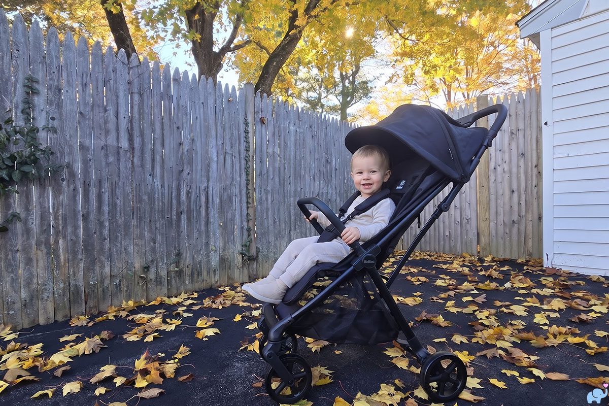 the bellini juno stroller outdoors in an autumn scene during our hands on review