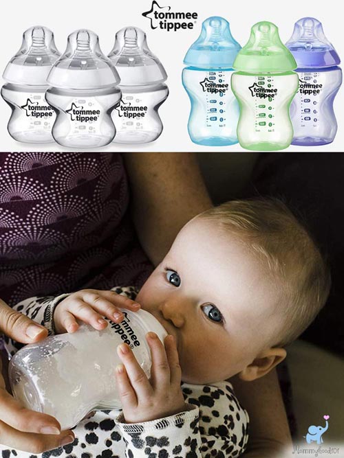 an assortment of tommee tippee baby bottles in various colors and a baby boy drinking from a bottle