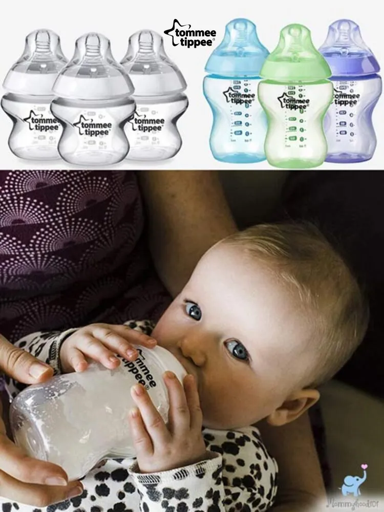 an assortment of tommee tippee baby bottles in various colors and a baby boy drinking from a bottle