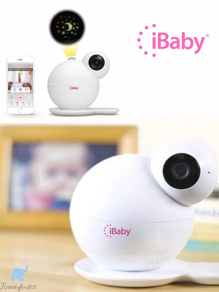 ibaby care m7 baby monitor showing the star projector feature and two smartphones with the ibaby app