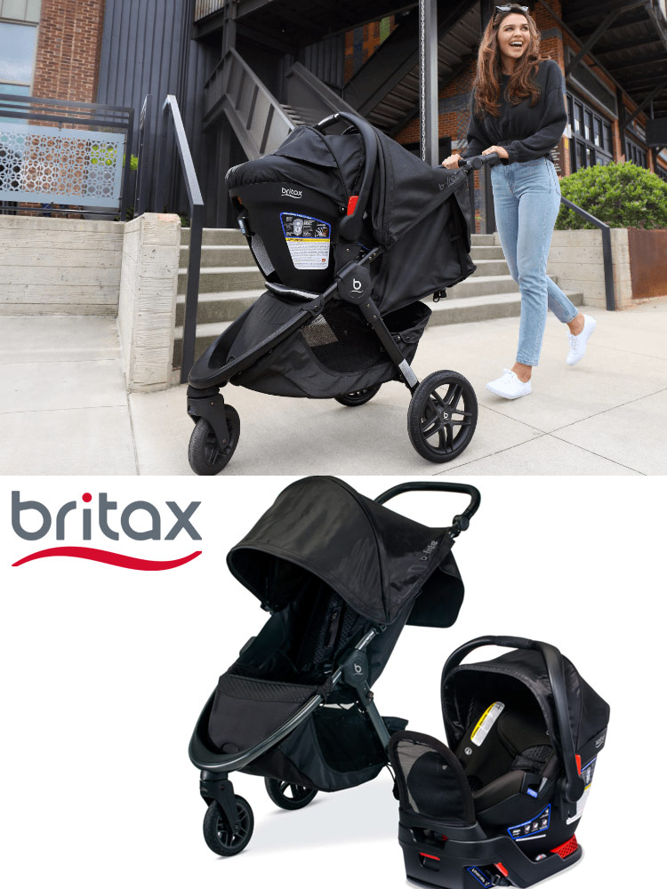 a mom pushing the britax travel system in an urban background