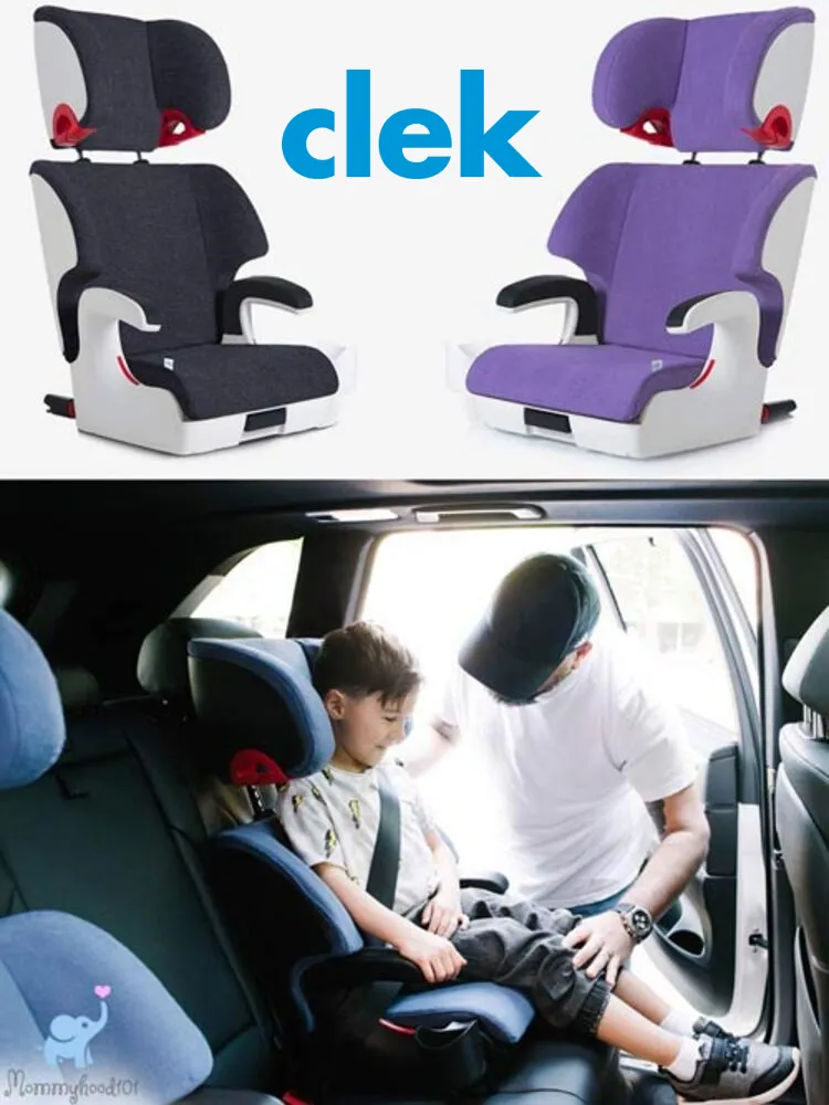 assorted clek oobr colors and a father assisting a child sitting in the oobr booster seat