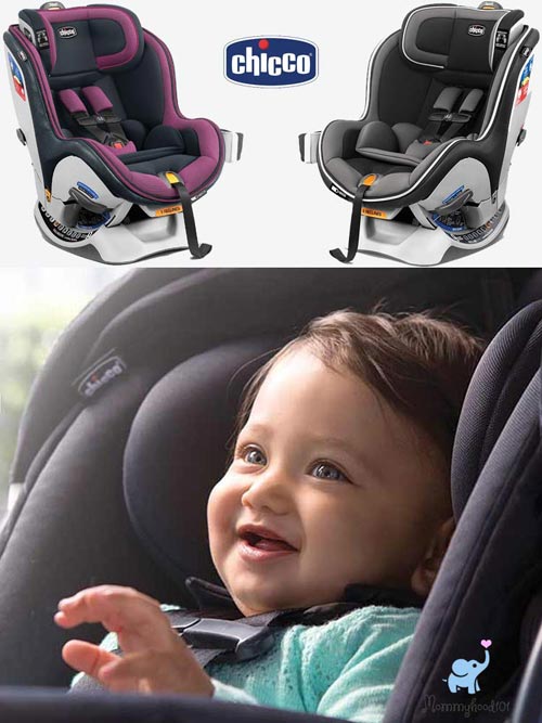 child smiling while sitting in a chicco nextfit zip