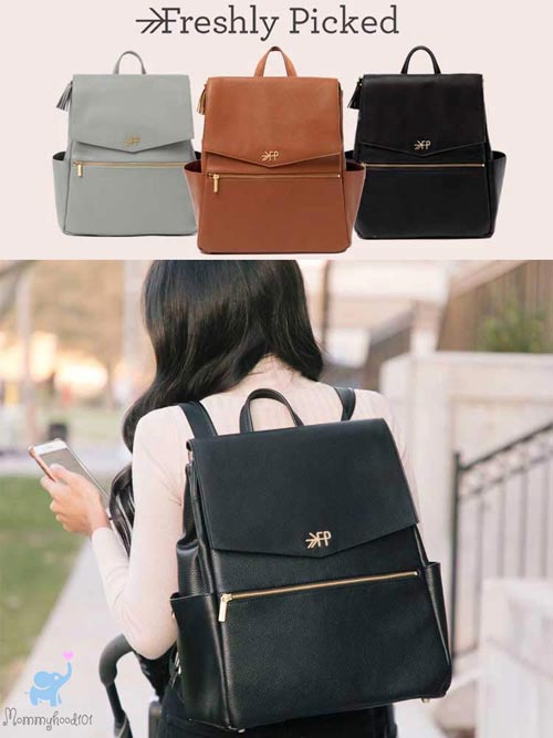 assorted colors of the freshly picked backpack diaper bag and a woman wearing a black backpack diaper bag