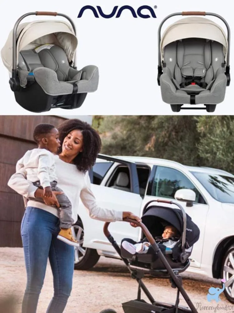 two views of the nuna pipa car seat along with a mom pushing a stroller with the car seat attached while carrying a toddler