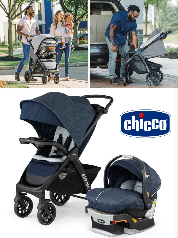 parents pushing and folding the chicco bravo trio travel system