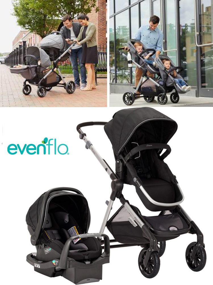 several configurations of the evenflo pivot xpand travel system and parents interacting with babies sitting in the strollers