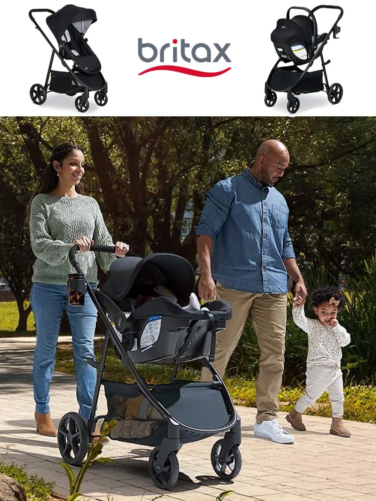 assorted configurations of the britax willow brook travel system and parents pushing a baby through the park