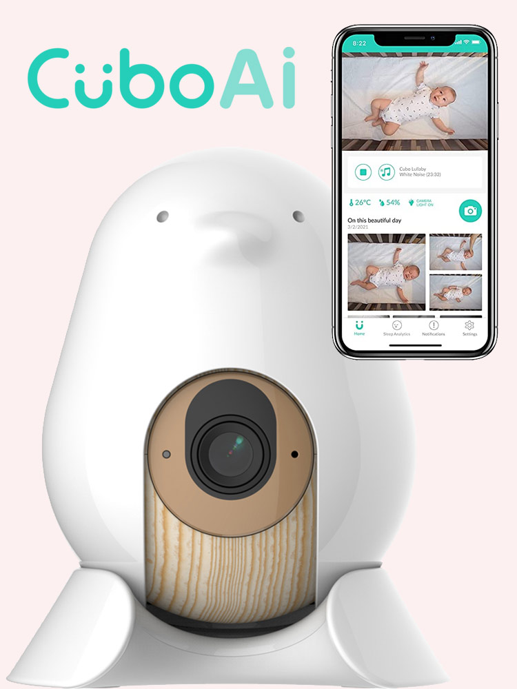 cubo ai plus baby monitor and a smartphone showing the cubo app