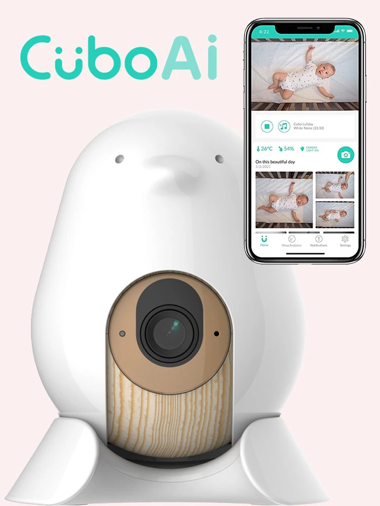 CuboAi Smart 3 baby monitor and smartphone displaying Cubo AI app