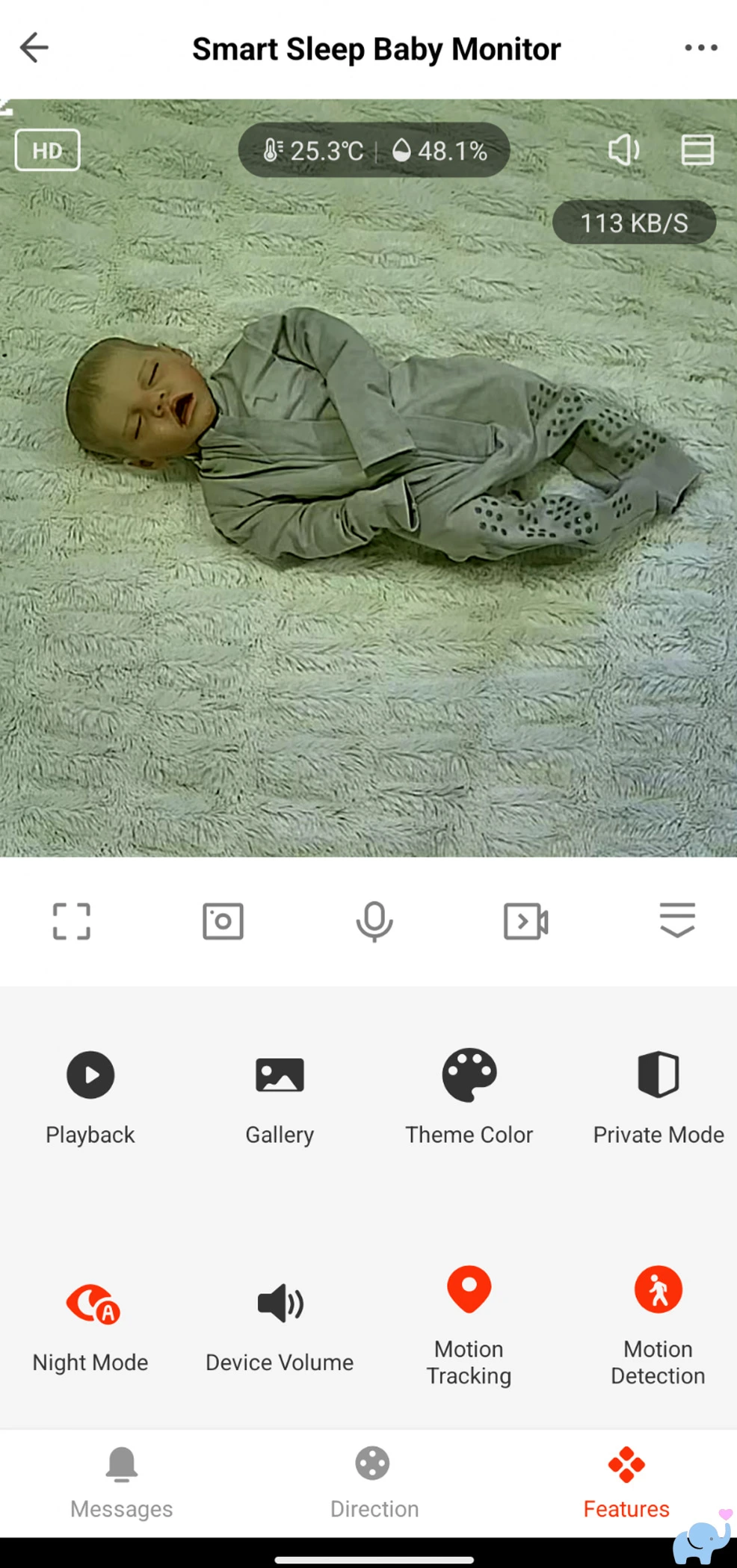 Daytime video from the Delta Children Smart Sleep app showing a slight green color cast